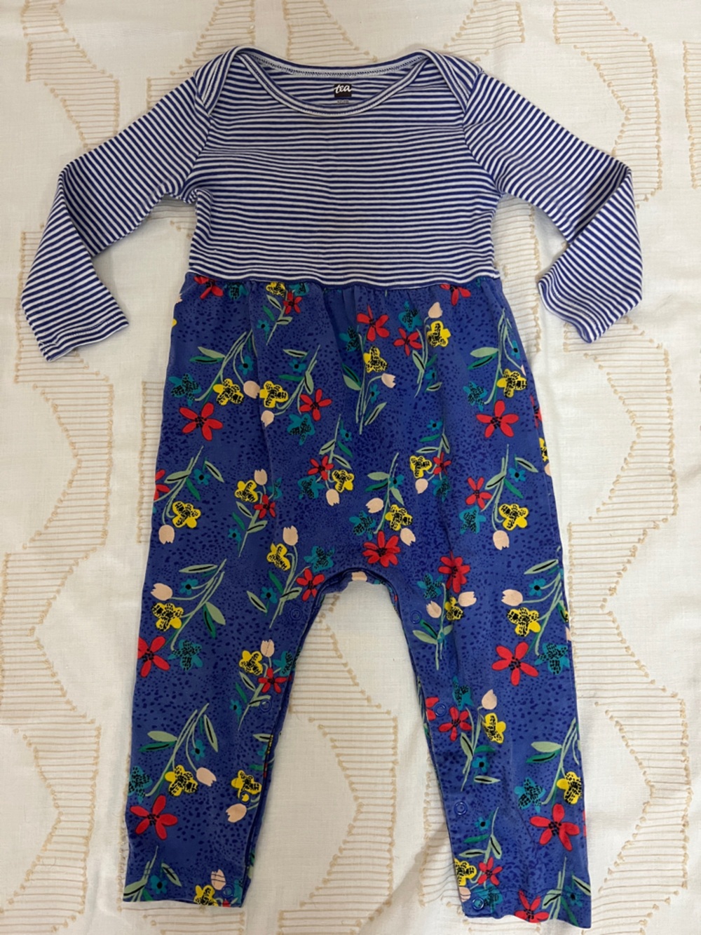 Tea Collection 12-18 Months Long Sleeve Legs Romper Snap Closures Floral Stripe